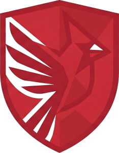 Red shield featuring a geometric, angular bird emblem in dark red and black accents.