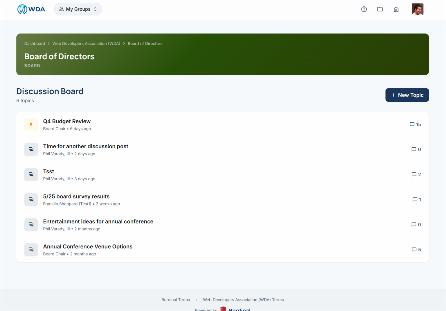Discussion Board page for Board of Directors with topics list and a '+ New Topic' button on the right.