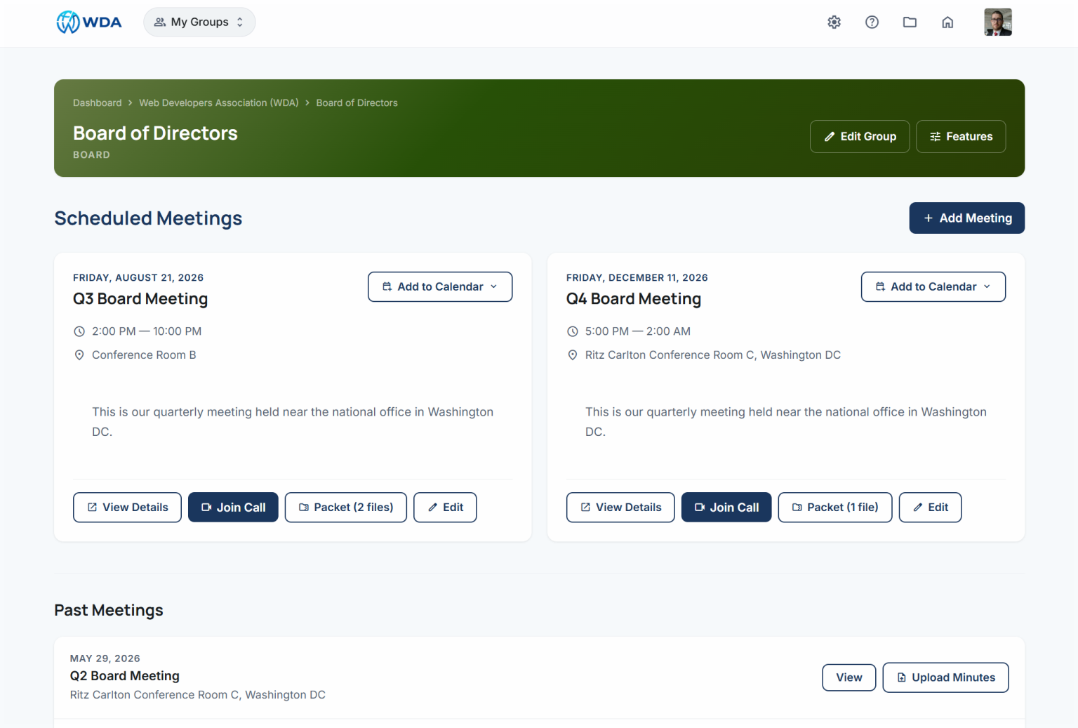 Board of Directors page showing two meeting cards (Q3 and Q4) with add-to-calendar and details buttons.
