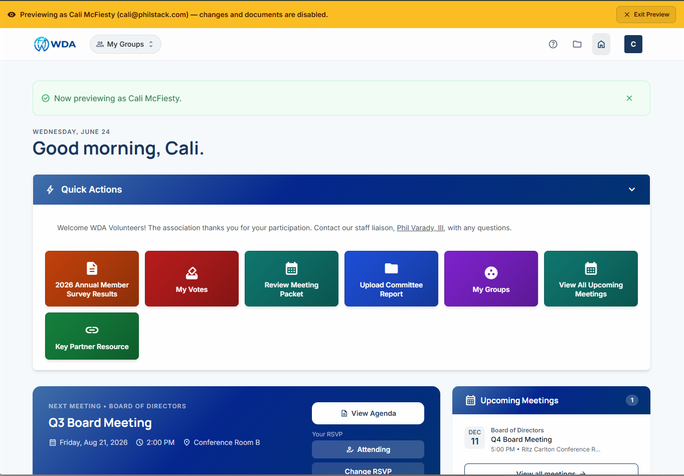 WDA dashboard homepage with a greeting 'Good morning, Cali' and a row of colorful Quick Actions tiles (e.g., Annual Member Survey Results, My Votes, Review Meeting Packet, Upload Committee Report, My Groups, View All Upcoming Meetings, Key Partner Resource).