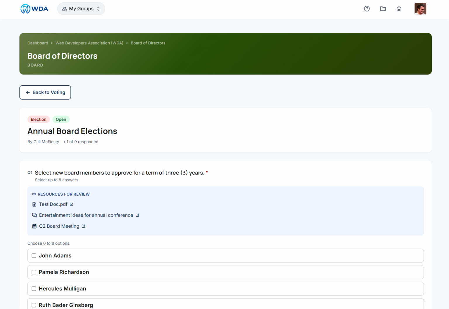 Board of Directors page in WDA dashboard with navigation header and a Back to Voting button above an Annual Board Elections card on light blue background.